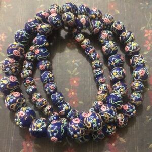 Vintage Venetian Italian Wedding Cake Art Murano Glass Cobalt Bead Necklace 25”